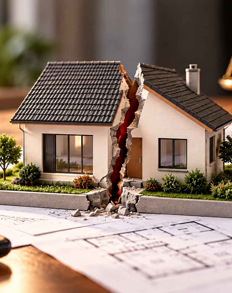 casa dividida sobre plantas e documentos em cena de avaliação de imóveis para partilha de bens
