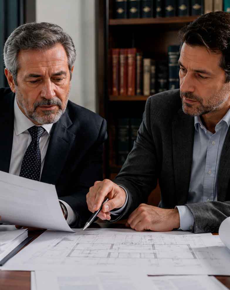 dois profissionais em um escritório analisando um documento sobre plantas arquitetônicas, ao lado de uma maquete de prédio e uma balança da justiça, representando a verificação de uma avaliação judicial de imóvel