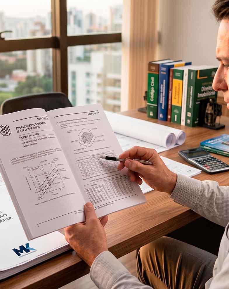 homem em um escritório corporativo analisando atentamente um documento técnico da nbr 14653 sobre avaliação de imóveis, com plantas arquitetônicas, livros de direito e um laudo na mesa