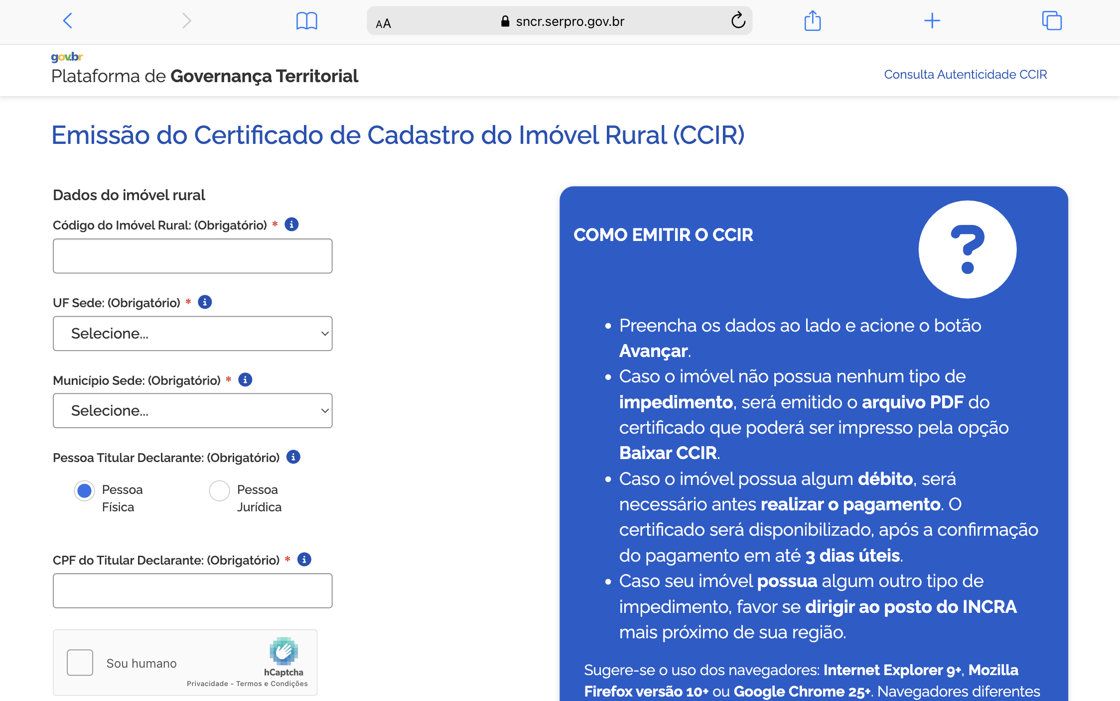 Tela inicial do portal SNCR para emissão do CCIR.