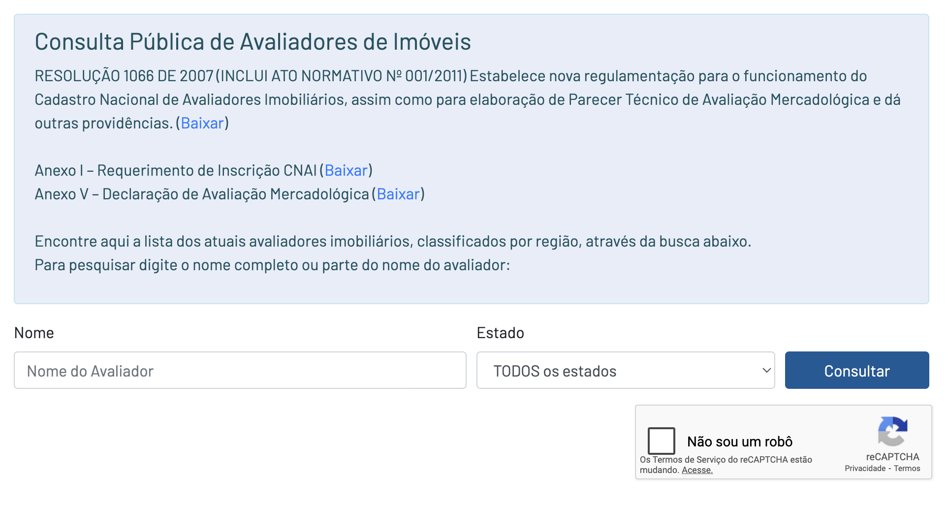 Tela da página de consulta pública de avaliadores imobiliários no site do COFECI, mostrando os campos para nome e estado.