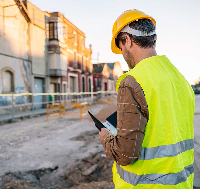 engenheiro civil com capacete amarelo e colete usando tablet para realizar laudo de vistoria cautelar de vizinhança.