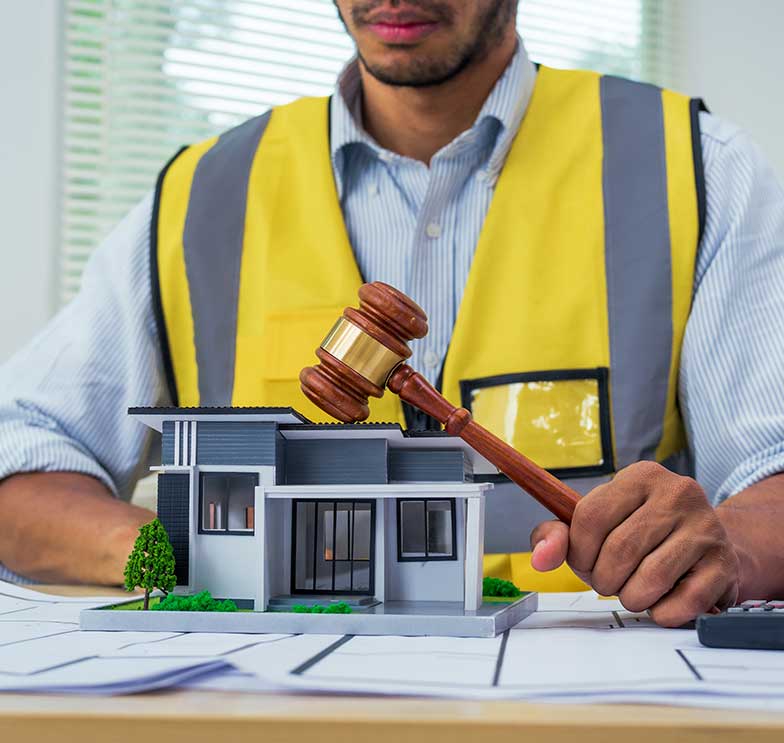 perito em engenharia segurando martelo de juiz sobre maquete de casa e plantas tecnicas para demonstrar como calcular indenizacao por desapropriacao de forma justa