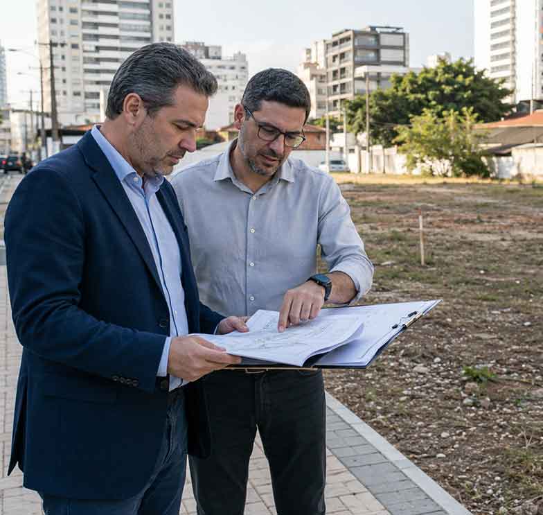 dois profissionais em pé na calçada analisando plantas e documentos em uma prancheta em frente a um lote de terra vazio na cidade demonstrando na prática como avaliar um terreno urbano