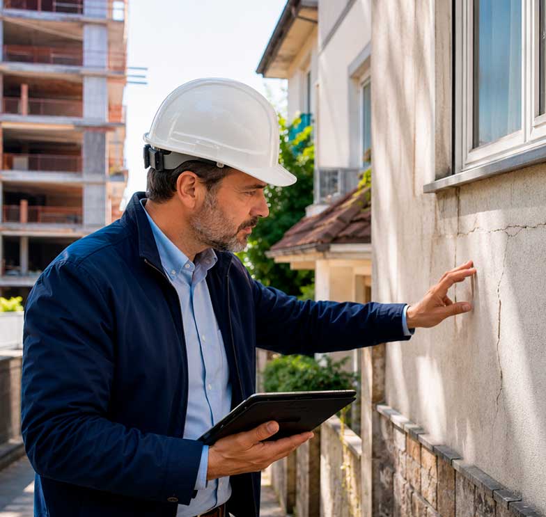 engenheiro de capacete examinando rachadura em parede de casa próximo a obra em construção ao fundo ilustrando vistoria cautelar de vizinhanca com nbr 13752