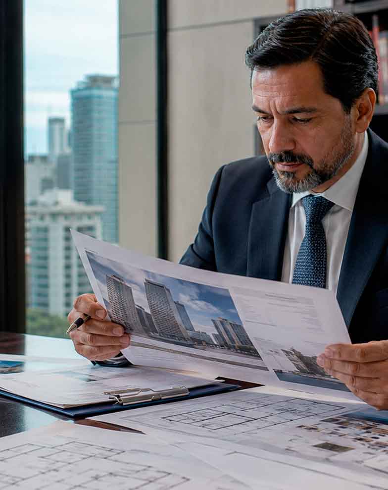 homem de terno em um escritório analisando um documento impresso com imagens de edifícios, representando a leitura atenta de um laudo de avaliação de imóveis urbanos.