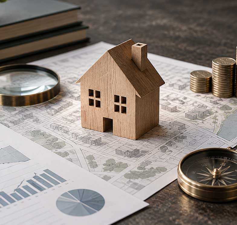 miniatura de imóvel sobre planta urbana, com gráficos, moedas e instrumentos de análise do mercado imobiliário