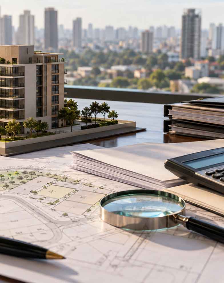 maquete de edifício sobre mesa com plantas de imóvel, documentos e calculadora utilizados em avaliação imobiliária para fins tributários
