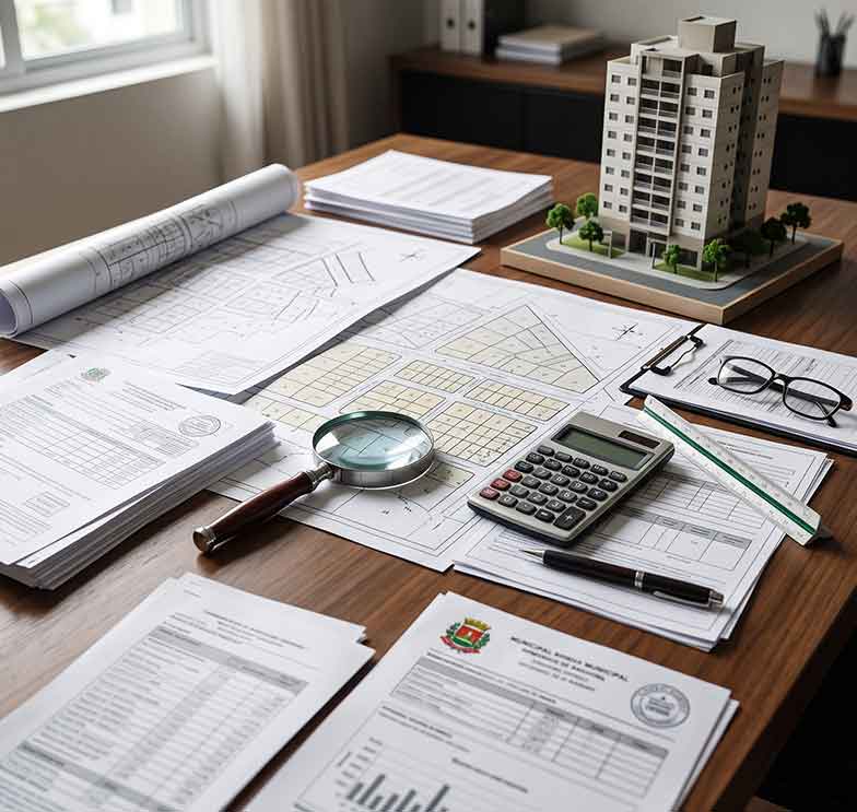 maquete de edifício, plantas, documentos, lupa e calculadora usados em avaliação imobiliária para iptu